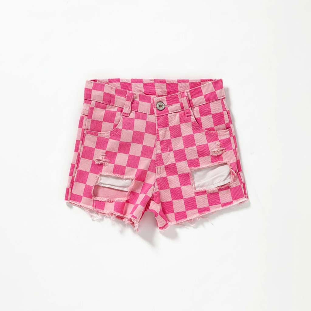 Girls Pink Checkered Shorts